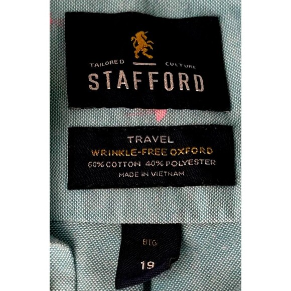 Stafford Blue Oxford Shirt Big 19 Travel Wrinkle Free Flamingos Short Sleeve - Picture 4 of 5